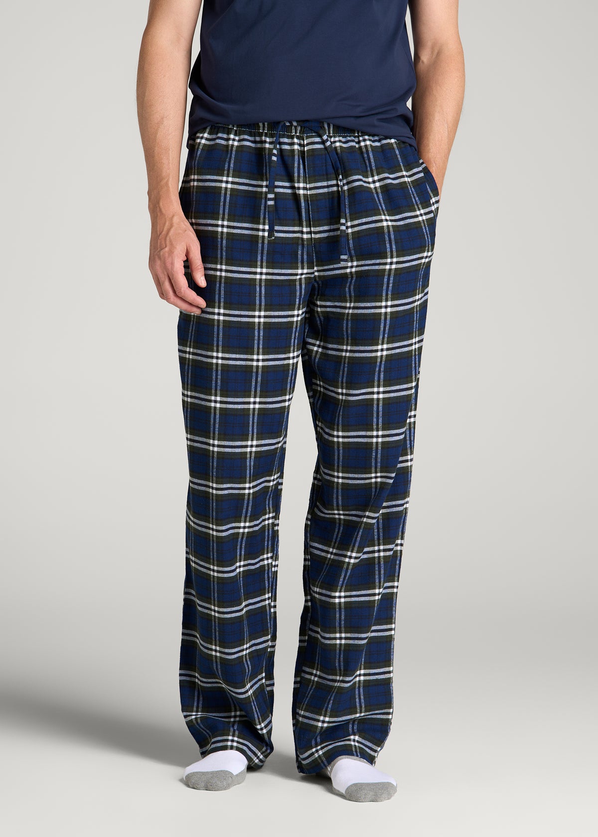 Flannel Pajama Pants for Tall Men in Royal Blue and Green Plaid