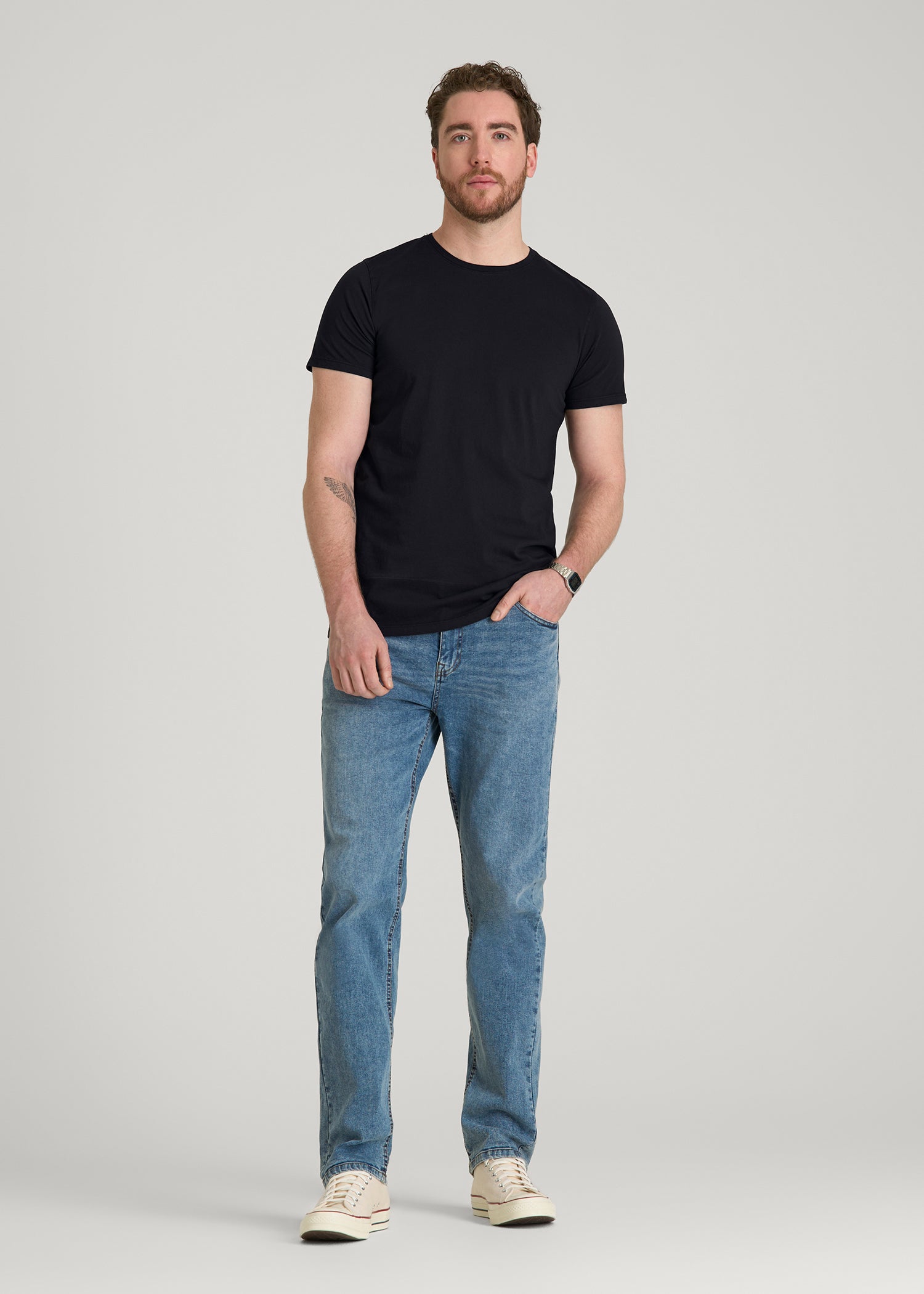 Modern Fit Garment Dyed Cotton T-Shirt for Tall Men in Black