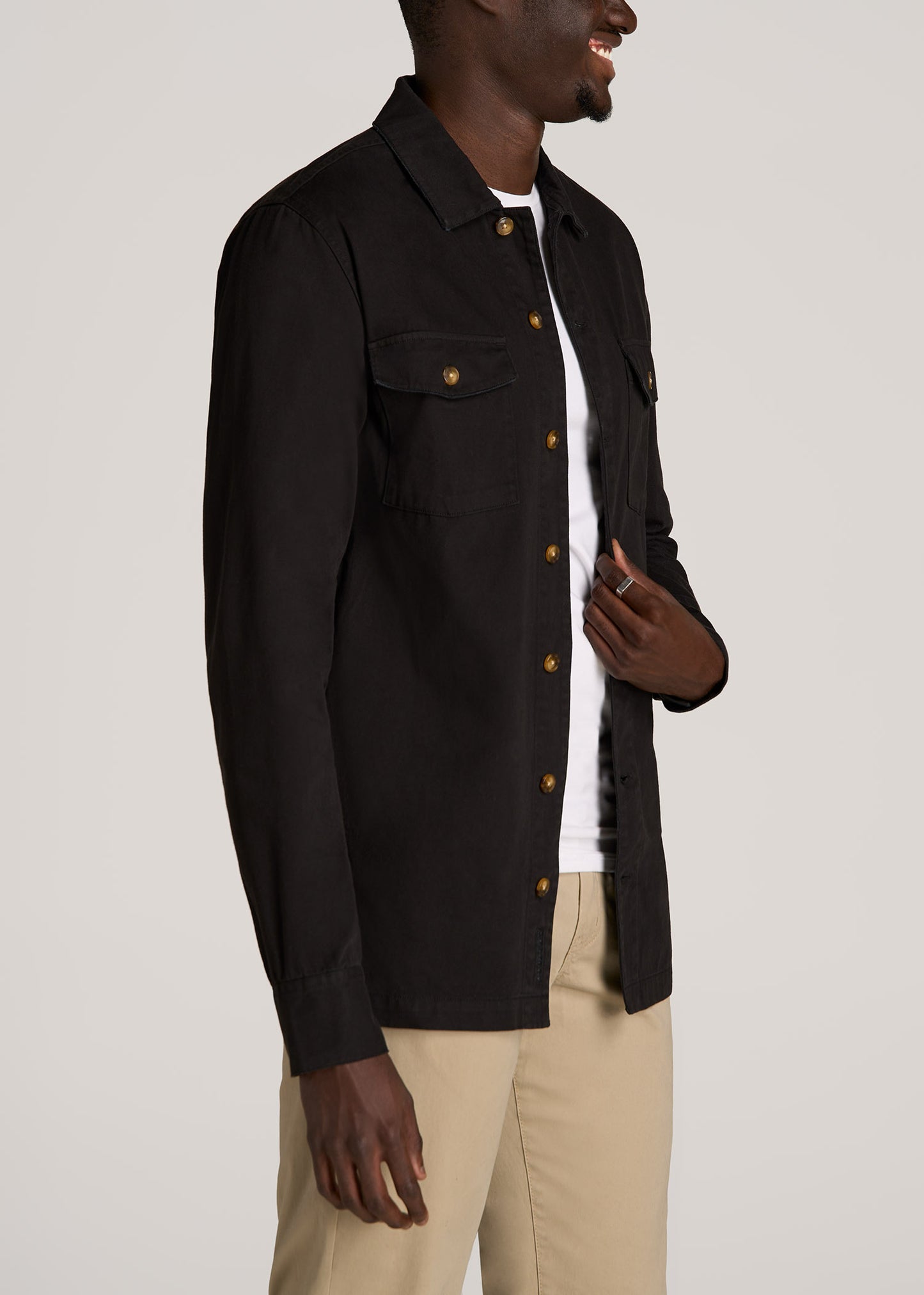 Garment Dyed Lightweight Overshirt For Tall Men in Black