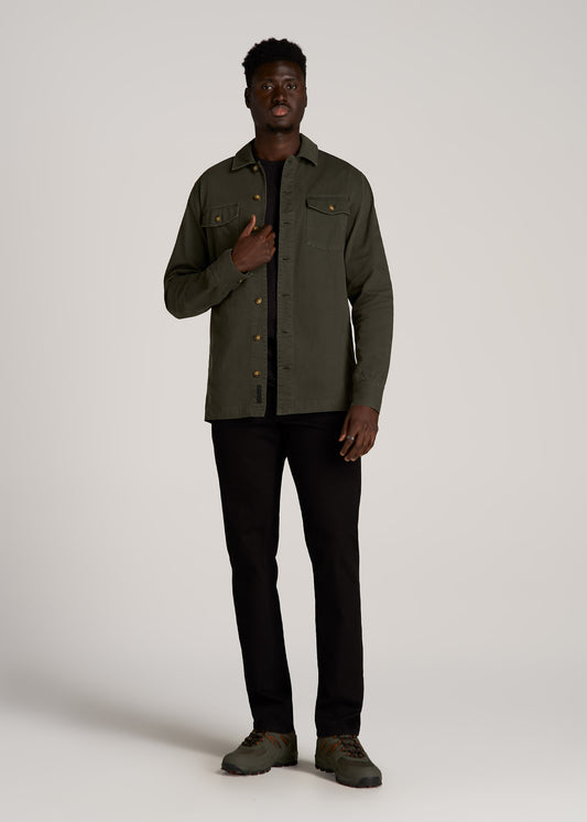 Garment Dyed Lightweight Overshirt For Tall Men in Spring Olive