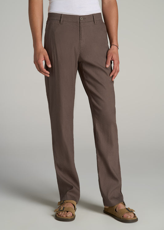 Garment Dyed Linen Casual Pants for Tall Men in Washed Brown