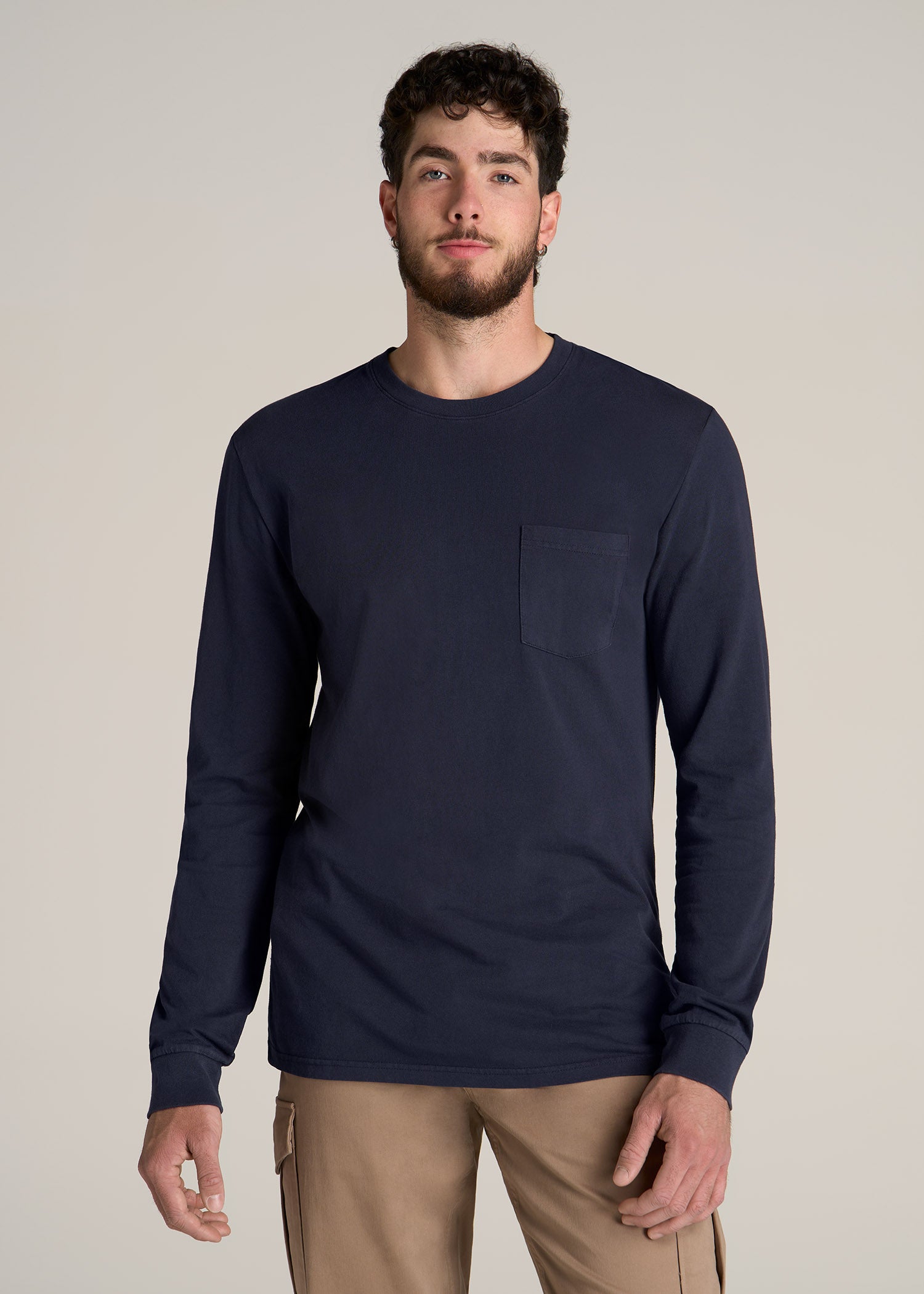 Garment Dyed Long Sleeve Pocket Tee for Tall Men in Evening Blue