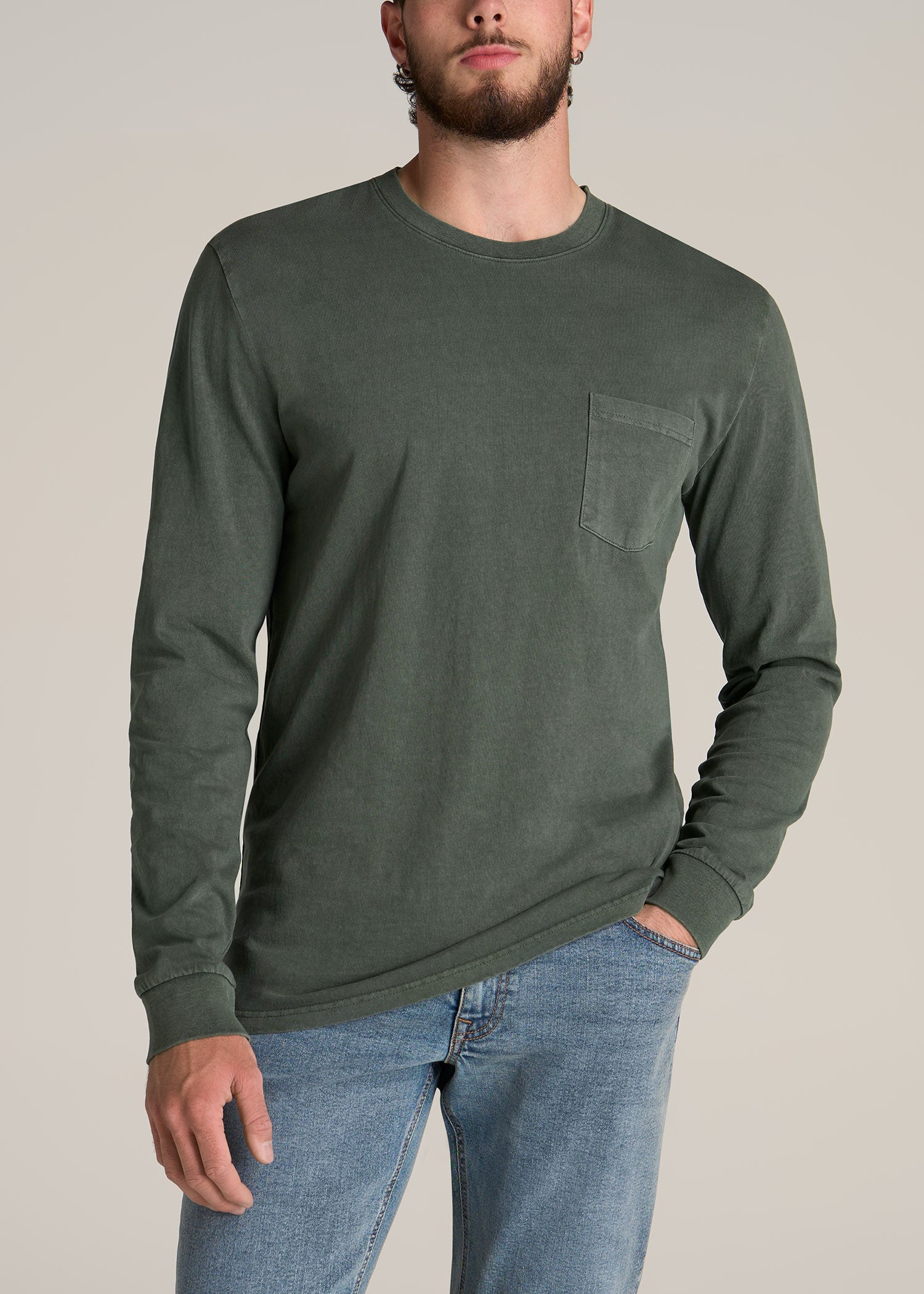 American-Tall-Men-Garment-Dyed-Long-Sleeve-Pocket-Tee-Spring-Olive-Front