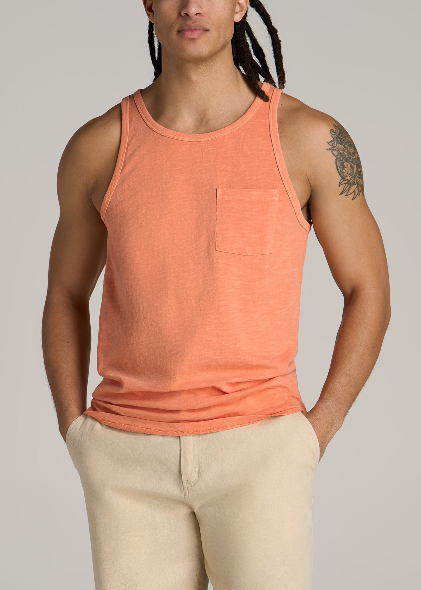 Garment Dyed Slub Pocket Tall Men's Tank Top in Apricot Crush