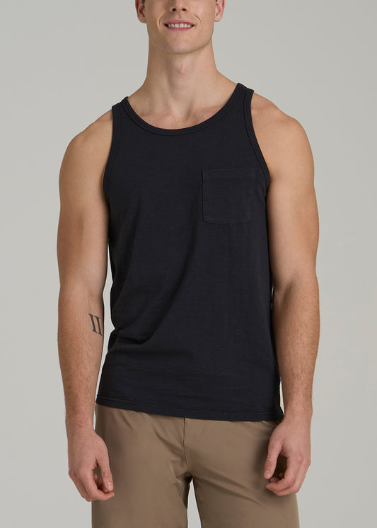 Garment Dyed Slub Pocket Tall Men's Tank Top in Black