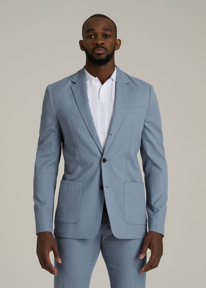 Textured Garment Washed Stretch Cotton Blazer for Tall Men in Chambray