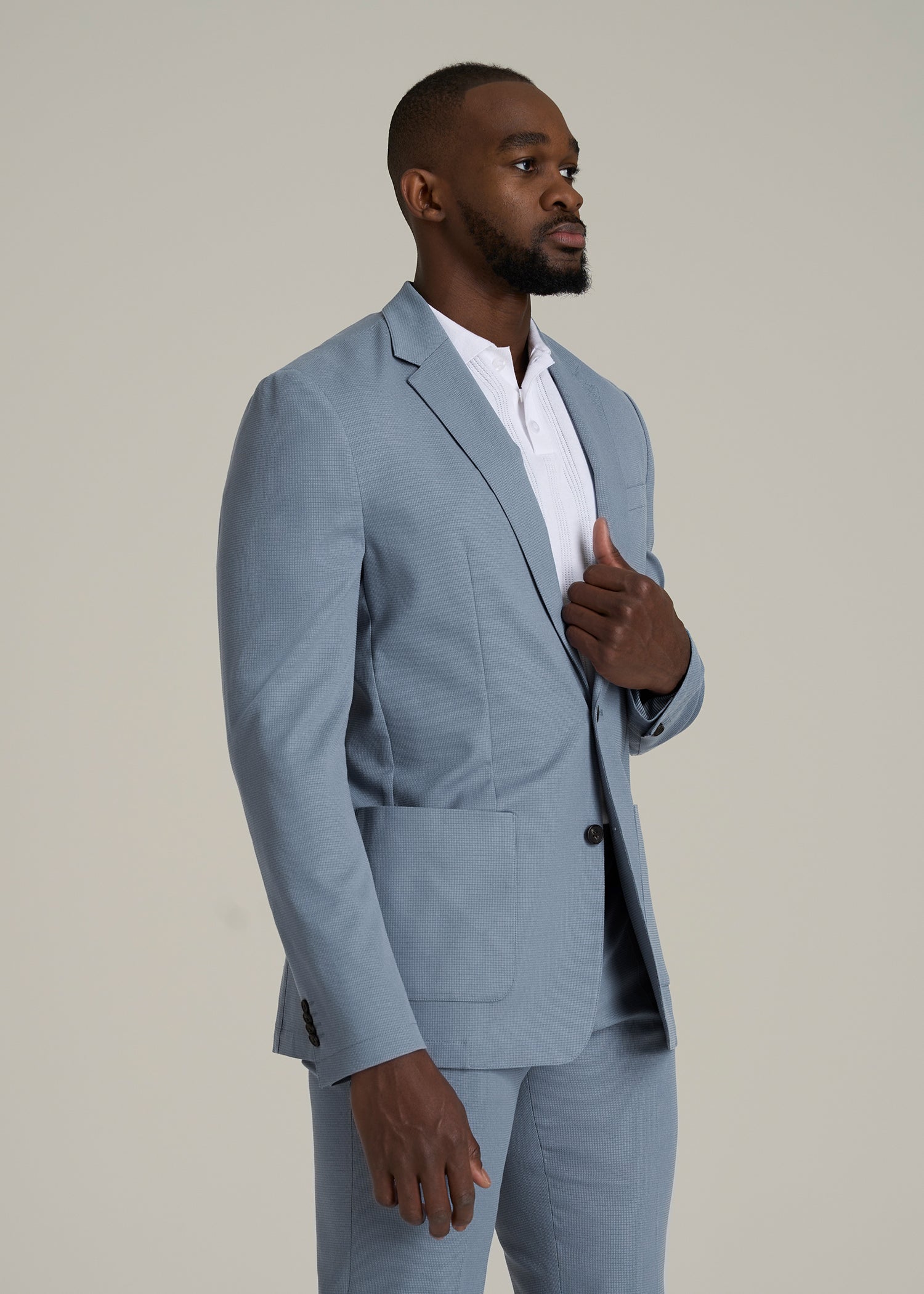 Textured Garment Washed Stretch Cotton Blazer for Tall Men in Chambray