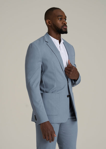Textured Garment Washed Stretch Cotton Blazer for Tall Men in Chambray
