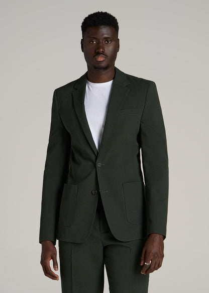 Textured Garment Washed Stretch Cotton Blazer for Tall Men in Dark Olive Green