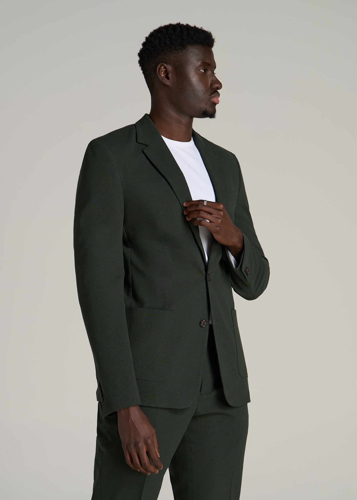 Textured Garment Washed Stretch Cotton Blazer for Tall Men in Dark Olive Green