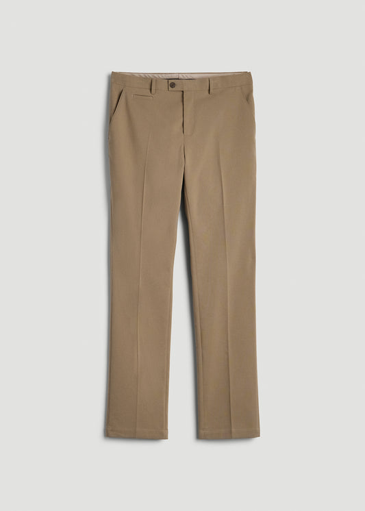 Textured Garment Washed Stretch Chino Suit Pants for Tall Men in Desert Khaki