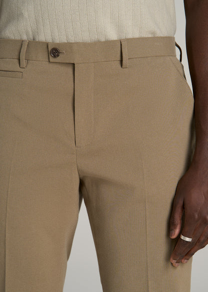 Textured Garment Washed Stretch Cotton Suit Pants for Tall Men in Desert Khaki