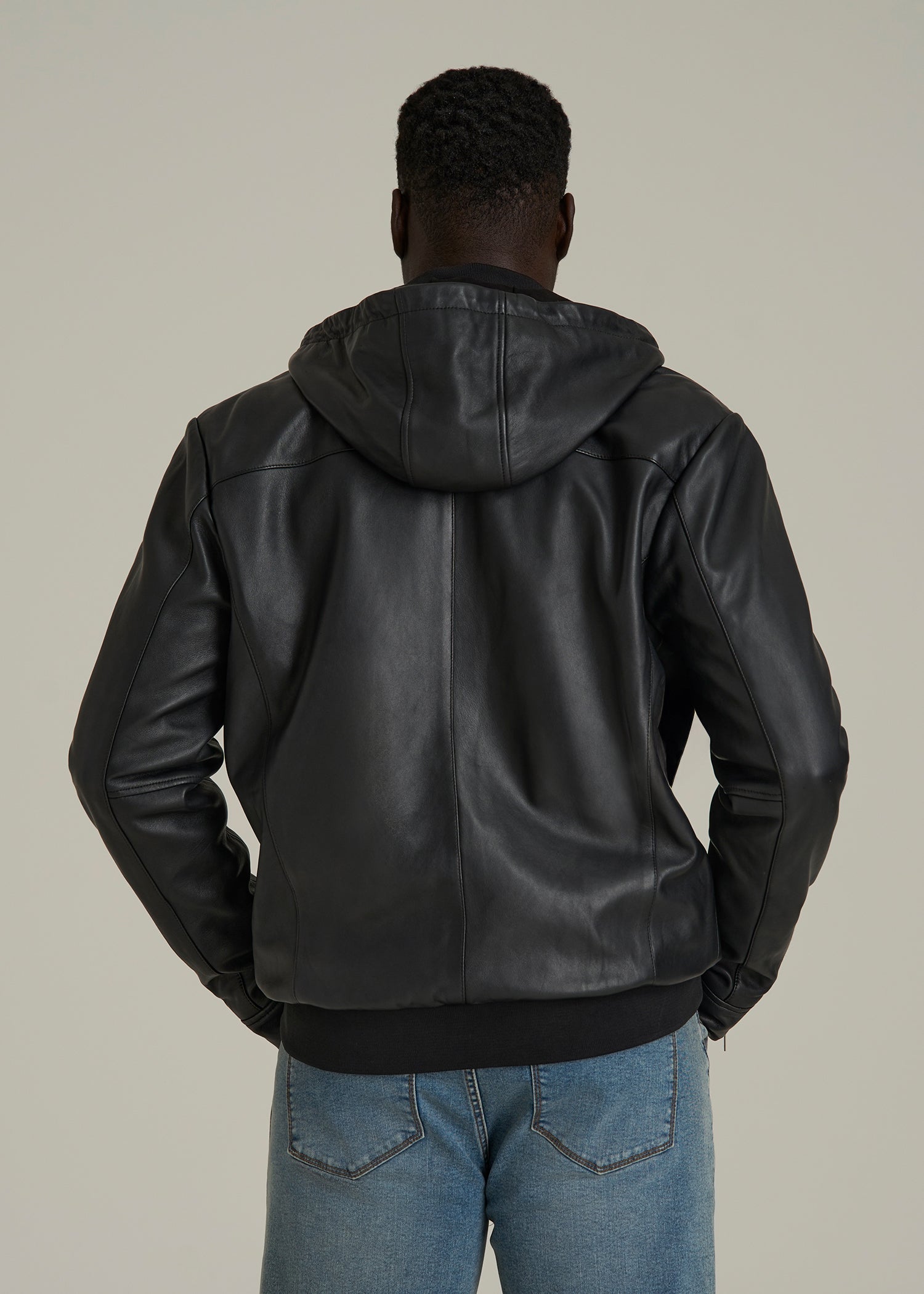 Genuine Leather Hooded Bomber for Tall Men in Black