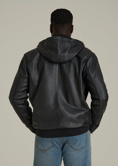 Genuine Leather Hooded Bomber for Tall Men in Black