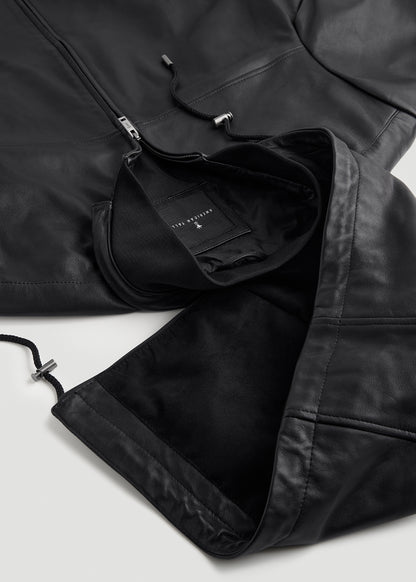 Genuine Leather Hooded Bomber for Tall Men in Black