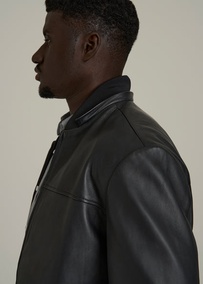 Genuine Leather Hooded Bomber for Tall Men in Black