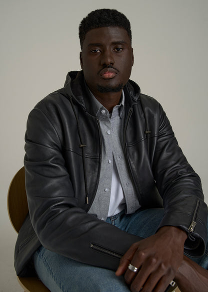 Genuine Leather Hooded Bomber for Tall Men in Black