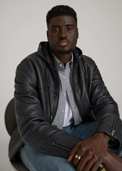 Genuine Leather Hooded Bomber for Tall Men in Black