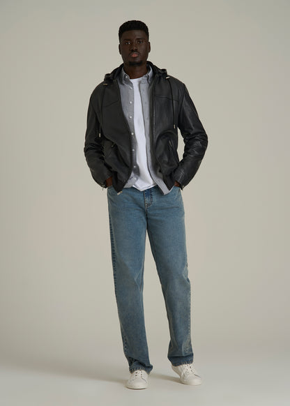 Genuine Leather Hooded Bomber for Tall Men in Black