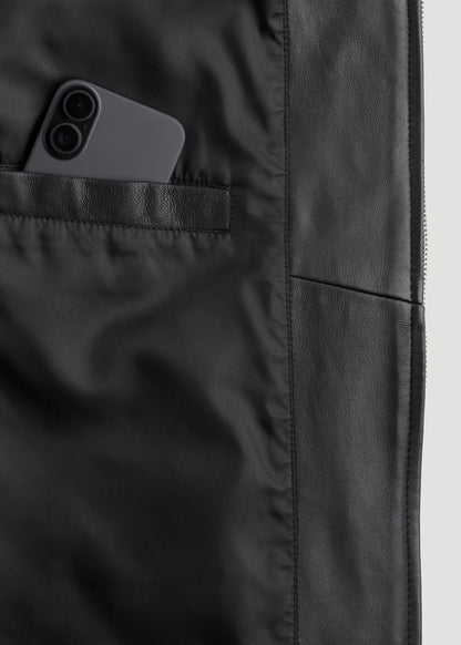 Genuine Leather Hooded Bomber for Tall Men in Black