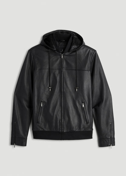 Genuine Leather Hooded Bomber for Tall Men in Black