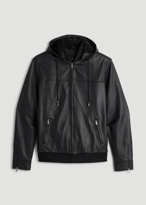 Genuine Leather Hooded Bomber for Tall Men in Black