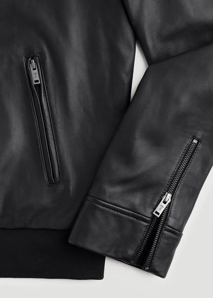 Genuine Leather Hooded Bomber for Tall Men in Black