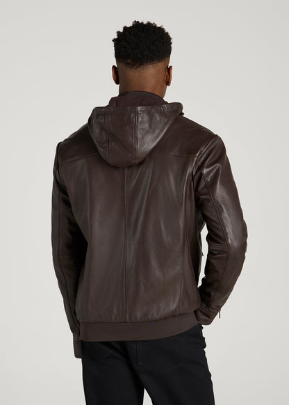 Genuine Leather Hooded Bomber for Tall Men in Deep Espresso
