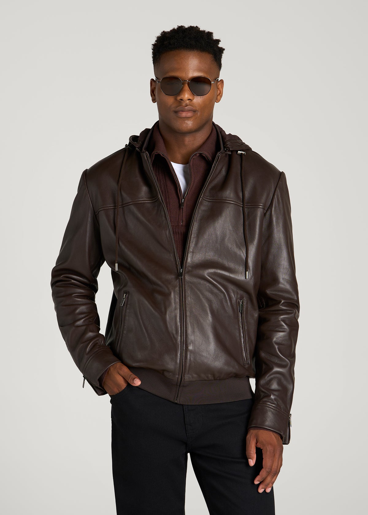 Genuine Leather Hooded Bomber for Tall Men in Deep Espresso