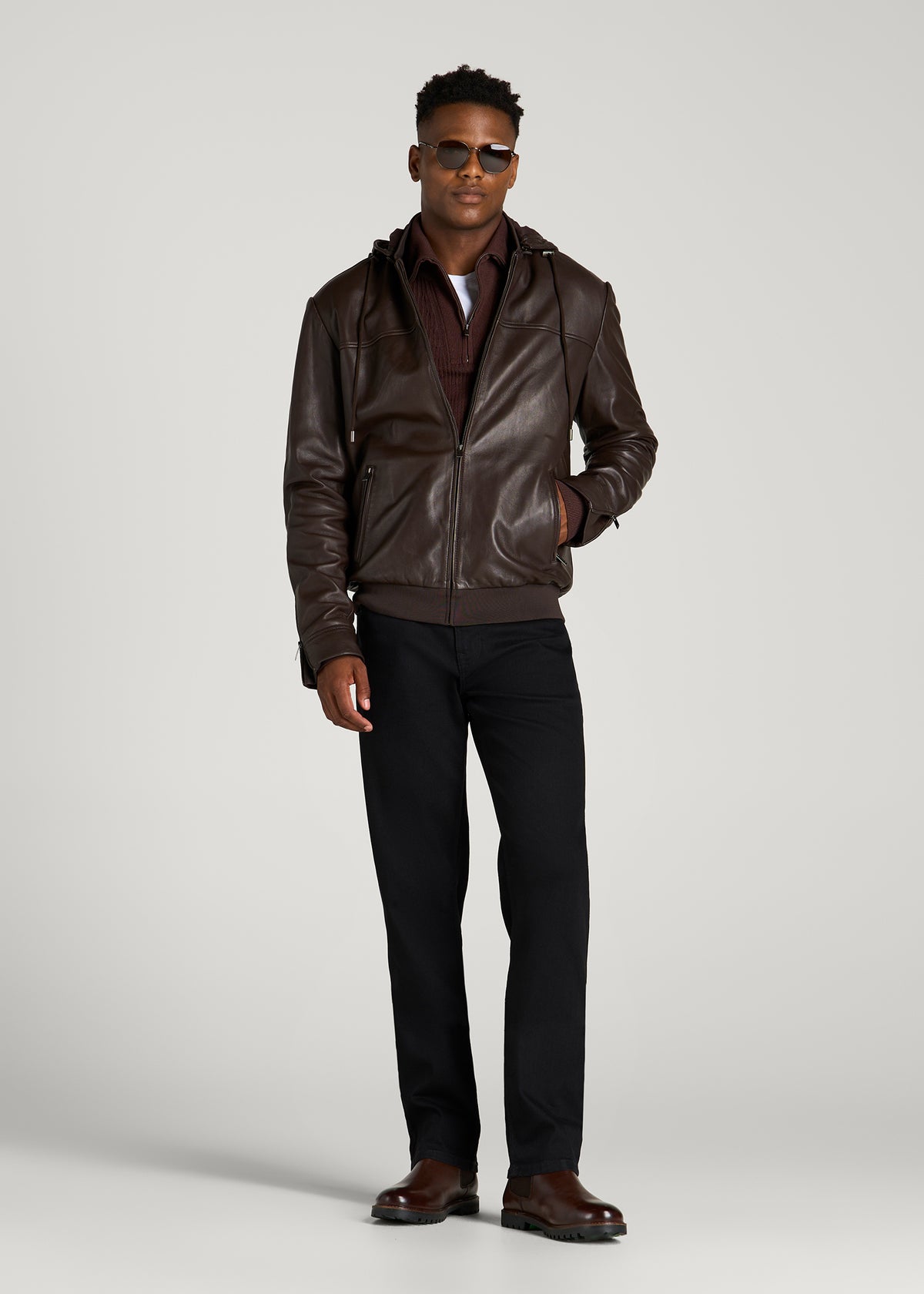 Genuine Leather Hooded Bomber for Tall Men in Deep Espresso