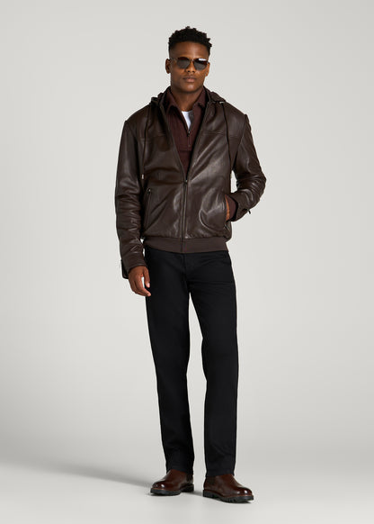 Genuine Leather Hooded Bomber for Tall Men in Deep Espresso