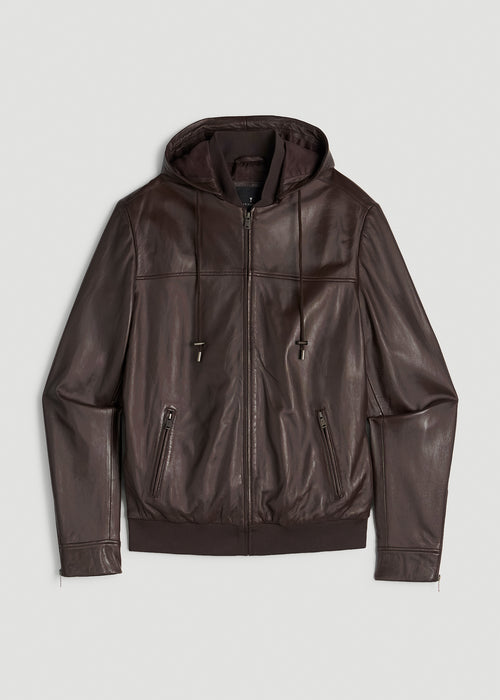 Genuine Leather Hooded Bomber for Tall Men in Deep Espresso