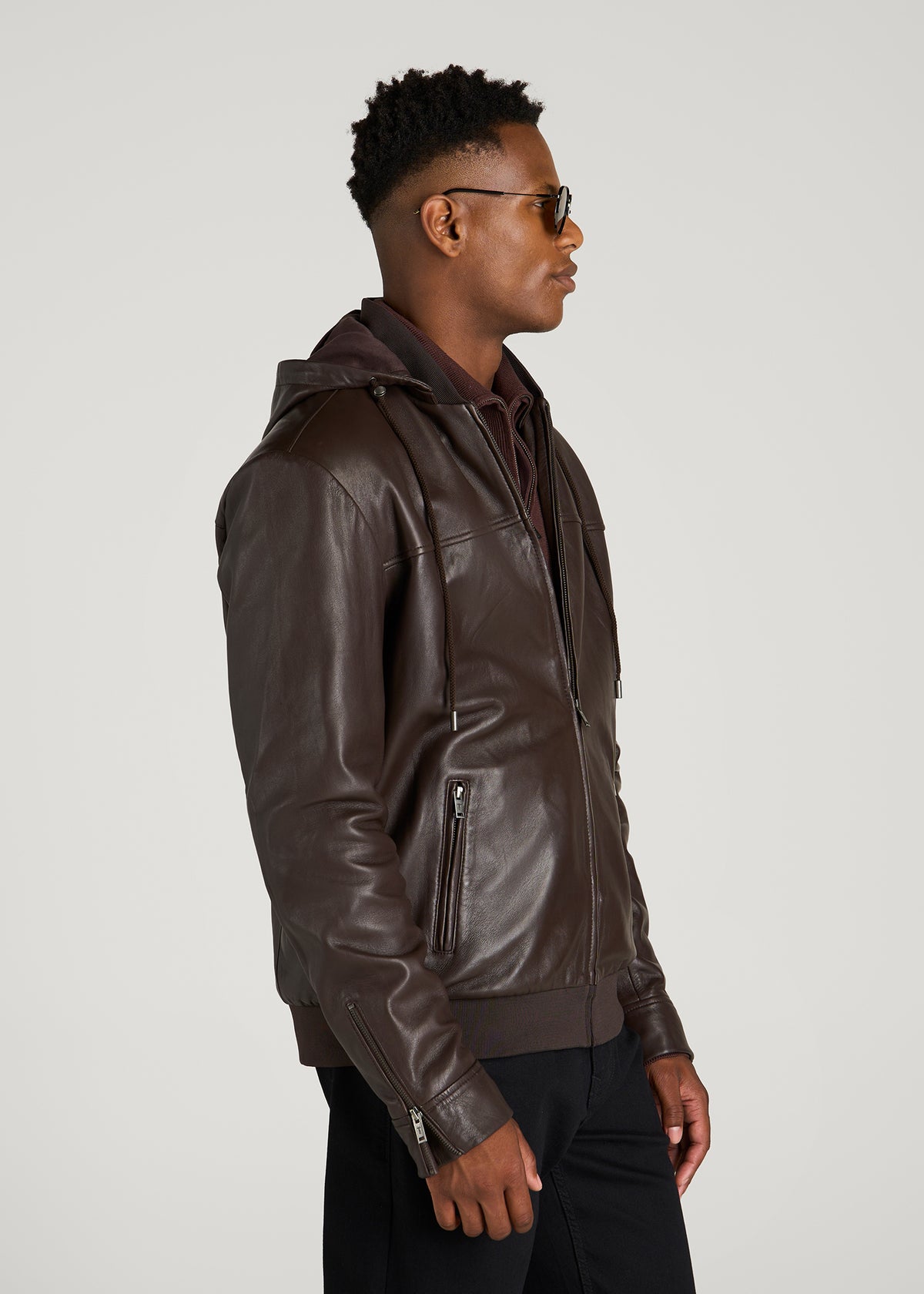 Genuine Leather Hooded Bomber for Tall Men in Deep Espresso