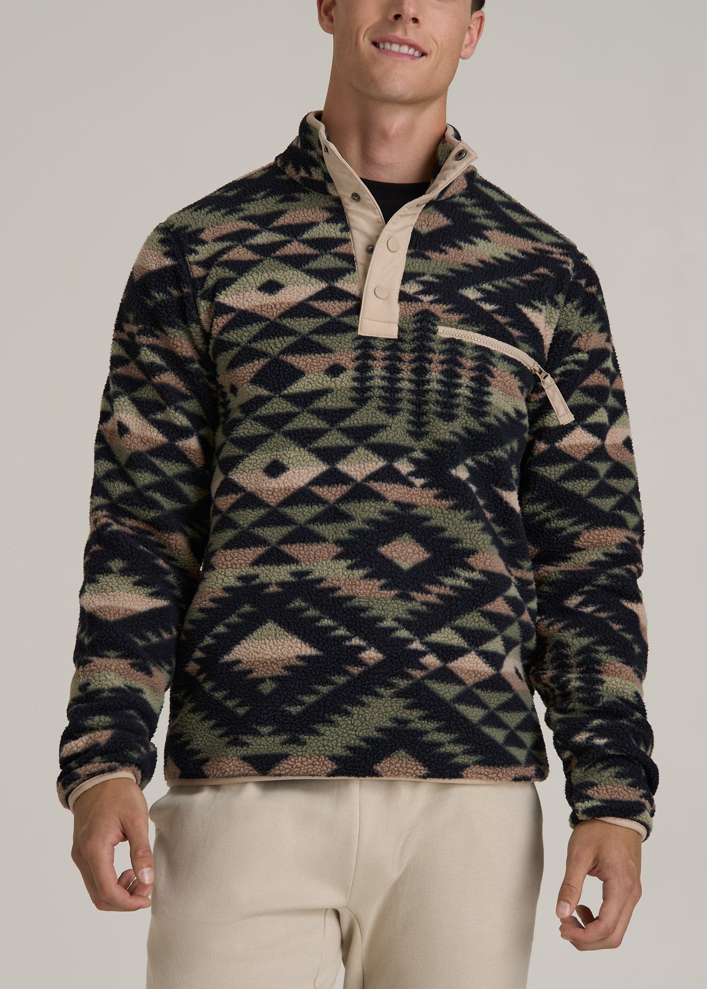 Half Snap Tall Men's Sherpa Sweatshirt in Black and Sage Geo Print