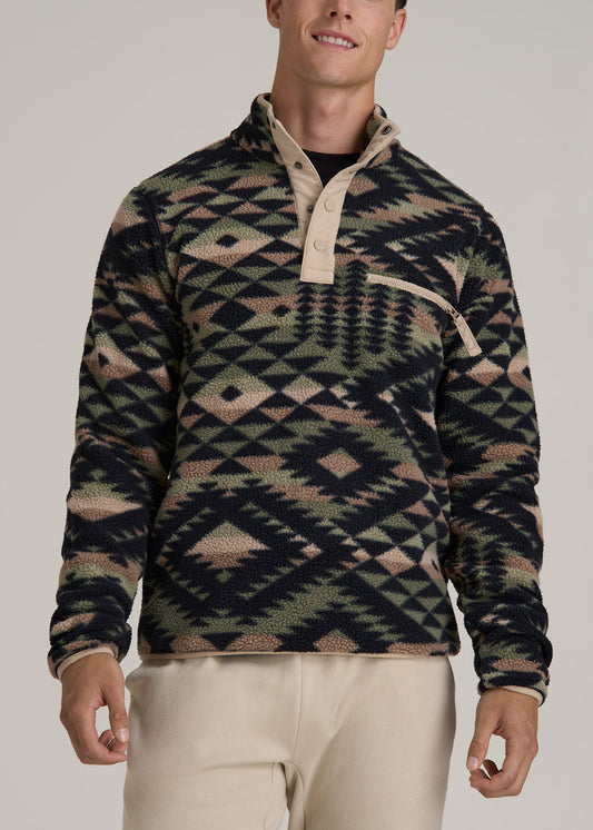 Half Snap Tall Men's Sherpa Sweatshirt in Black and Sage Geo Print