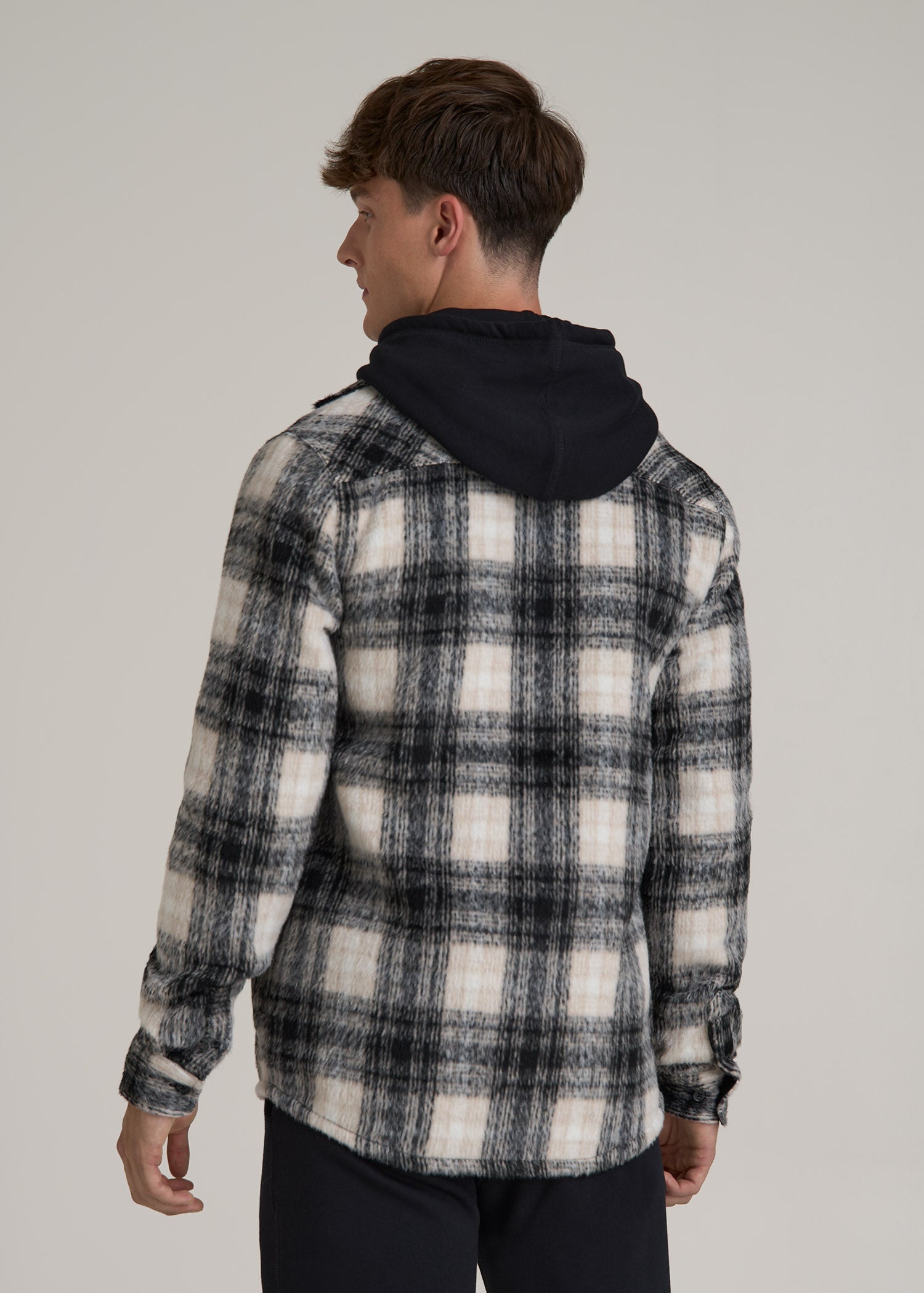 Brushed Flannel Overshirt for Tall Men in Ecru and Black Plaid
