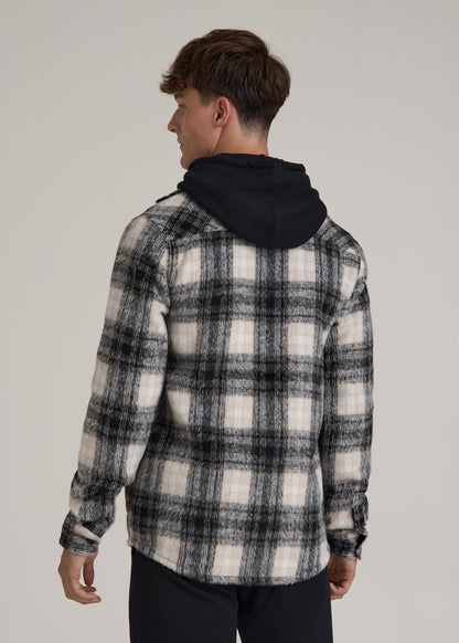 Brushed Flannel Overshirt for Tall Men in Ecru and Black Plaid