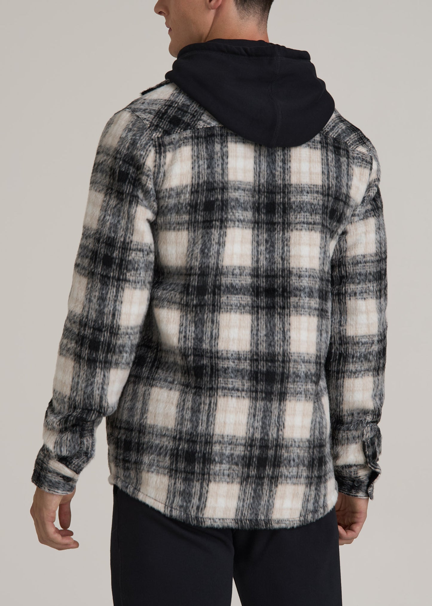 Heavyweight Brushed Flannel Overshirt for Tall Men in Ecru and Black Plaid