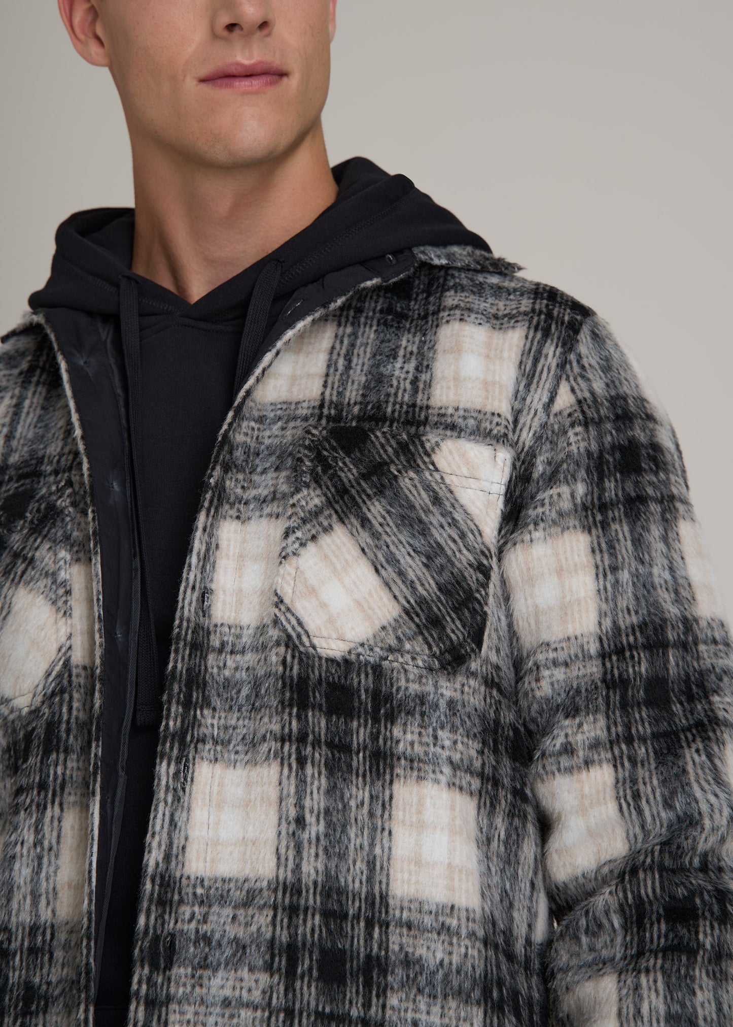 Heavyweight Brushed Flannel Overshirt for Tall Men in Ecru and Black Plaid