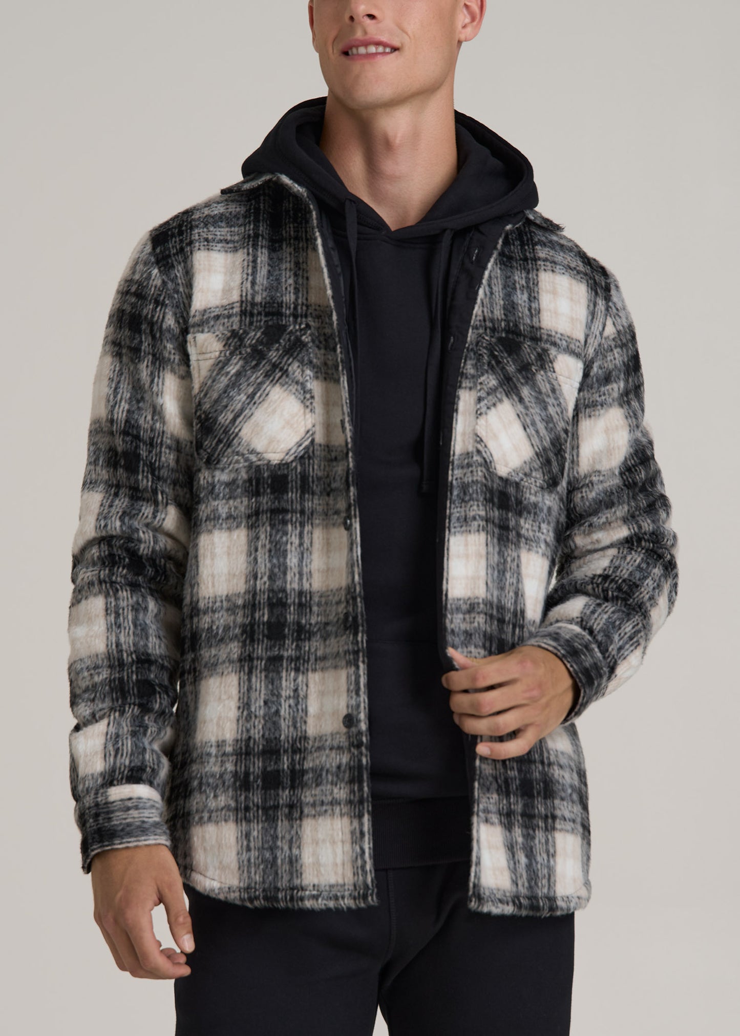 Brushed Flannel Overshirt for Tall Men in Ecru and Black Plaid S Tall Ecru and Black Plaid