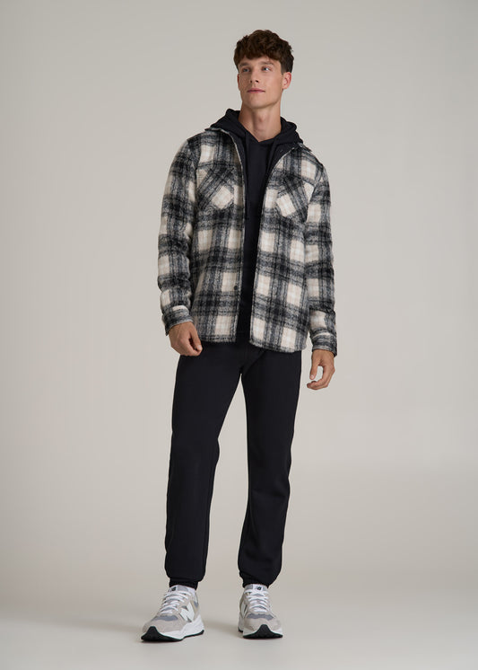 Heavyweight Brushed Flannel Overshirt for Tall Men in Ecru and Black Plaid