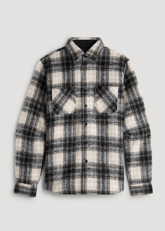 Heavyweight Brushed Flannel Overshirt for Tall Men in Ecru and Black Plaid