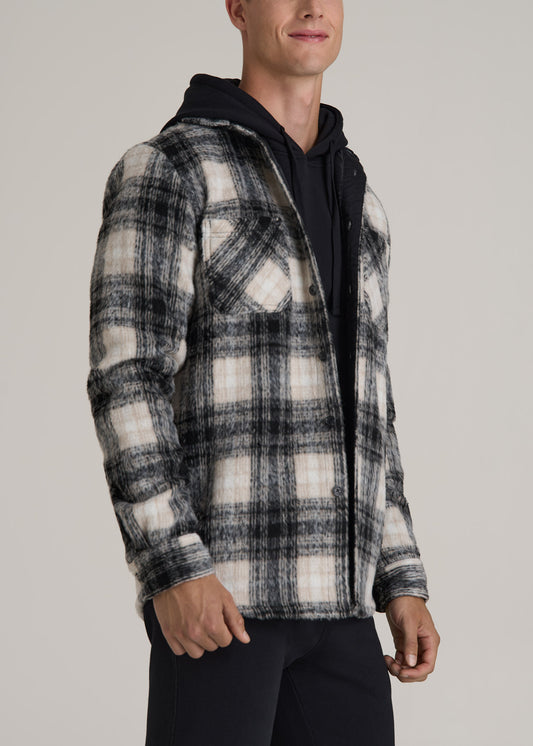 Heavyweight Brushed Flannel Overshirt for Tall Men in Ecru and Black Plaid