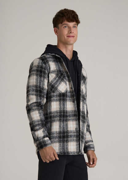 Brushed Flannel Overshirt for Tall Men in Ecru and Black Plaid