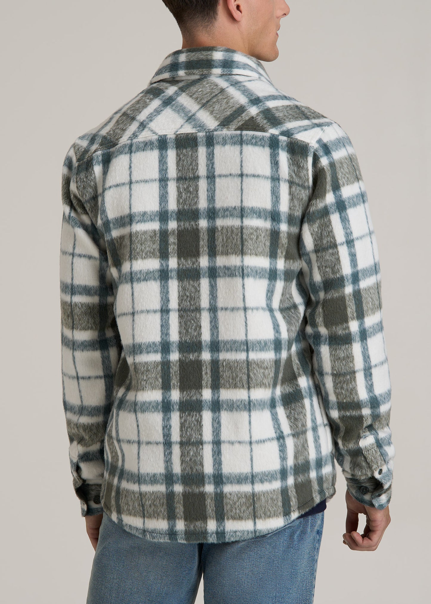 Heavyweight Brushed Flannel Overshirt for Tall Men in Ecru and Green Plaid