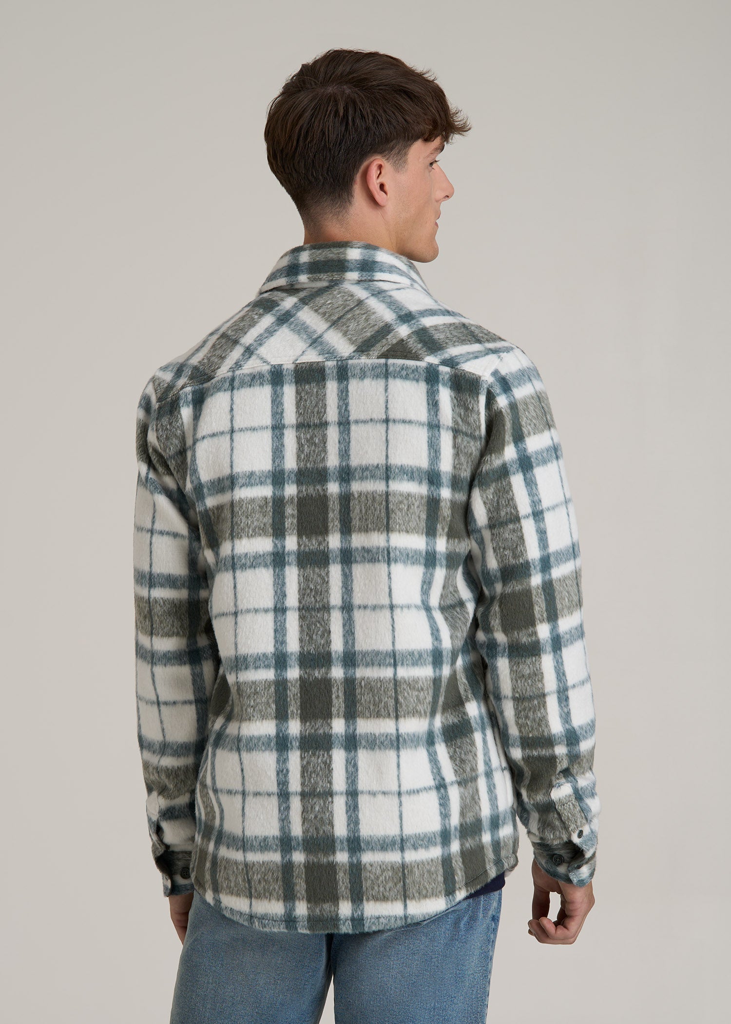 Brushed Flannel Overshirt for Tall Men in Ecru and Green Plaid