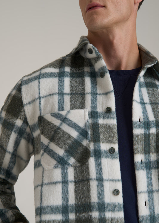 Heavyweight Brushed Flannel Overshirt for Tall Men in Ecru and Green Plaid