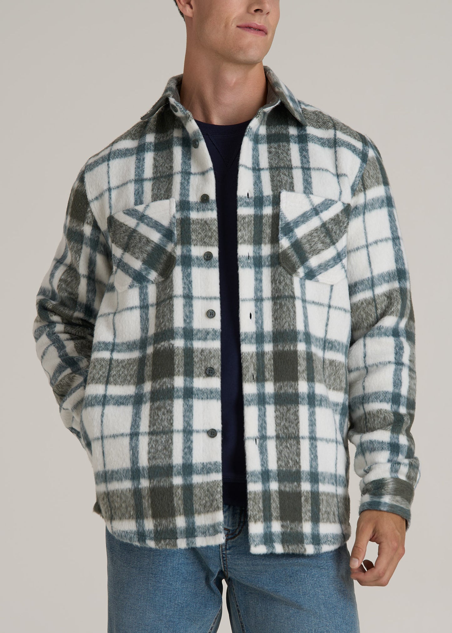 Heavyweight Brushed Flannel Overshirt for Tall Men in Ecru and Green Plaid