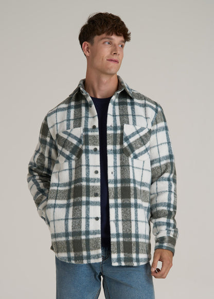 Brushed Flannel Overshirt for Tall Men in Ecru and Green Plaid