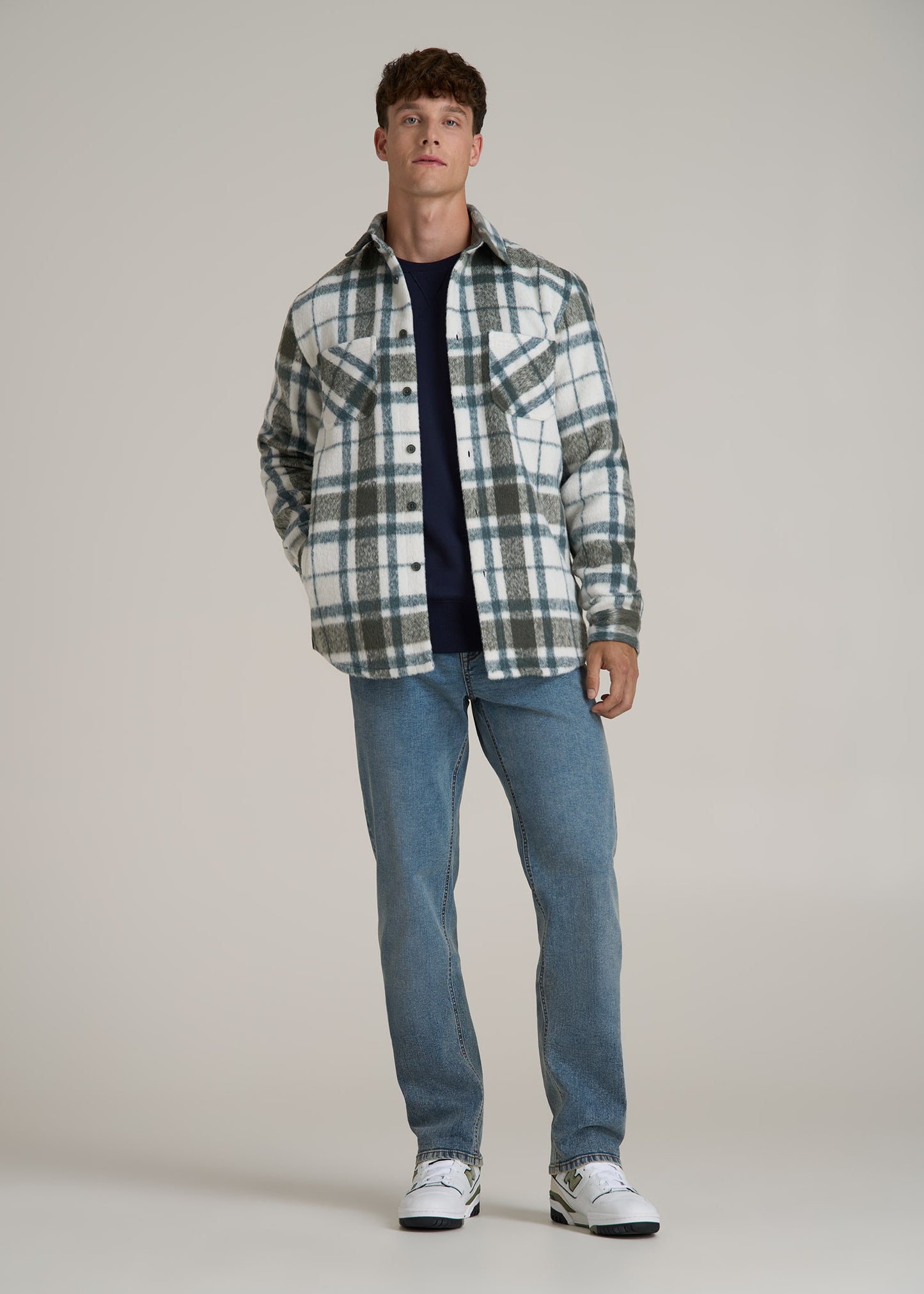 Heavyweight Brushed Flannel Overshirt for Tall Men in Ecru and Green Plaid